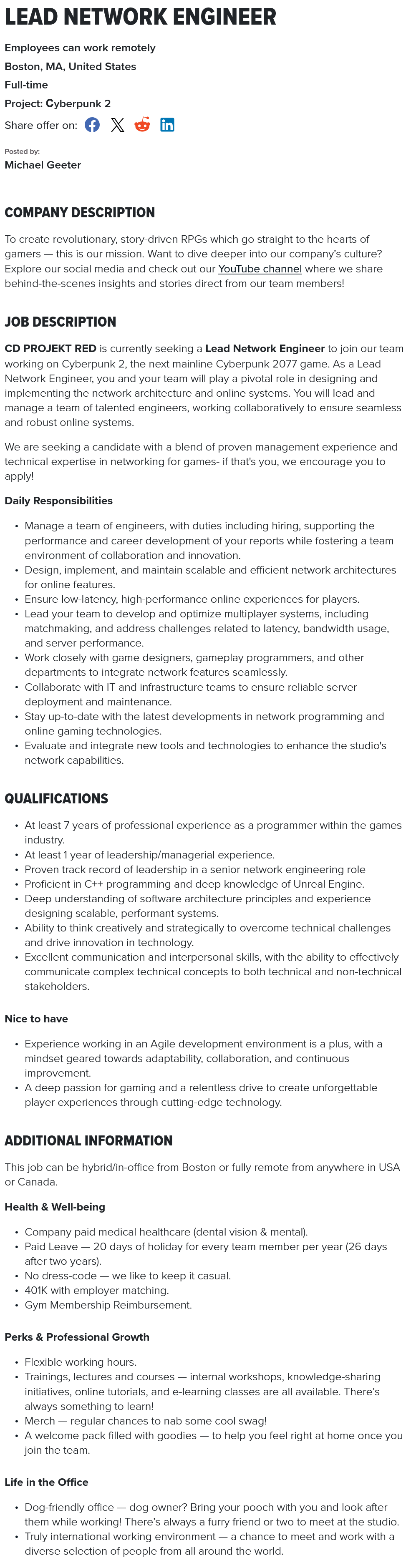 Wspomniane ogłoszenie o pracę (Źródło: https://www.cdprojektred.com/en/jobs/20217-lead-network-engineer)